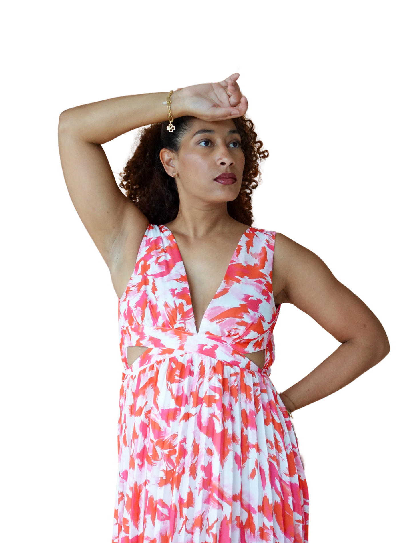 robe longue élégante à imprimé abstrait rose et orange – décolleté plongeant et détails raffinés