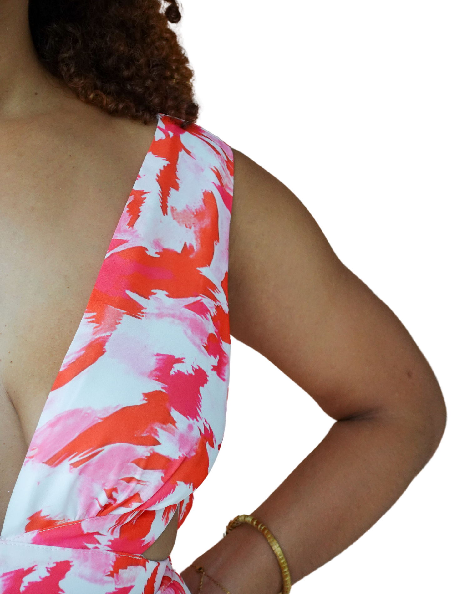 robe longue élégante à imprimé abstrait rose et orange – décolleté plongeant et détails raffinés