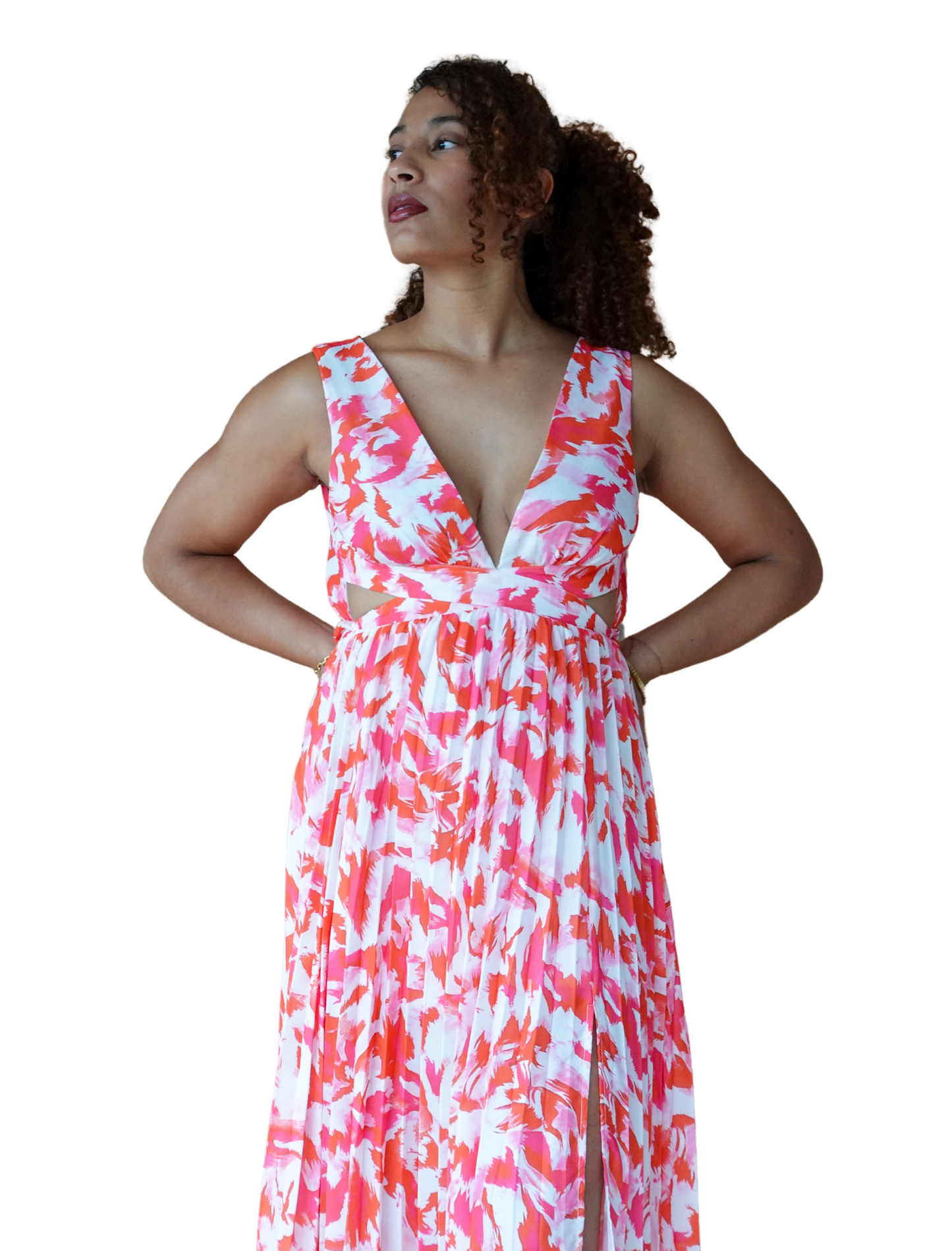 robe longue élégante à imprimé abstrait rose et orange – décolleté plongeant et détails raffinés
