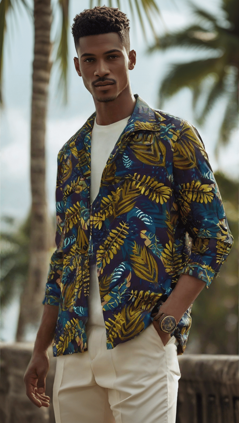 chemise homme à imprimé tropical – élégance colorée avec motifs feuilles et fleurs