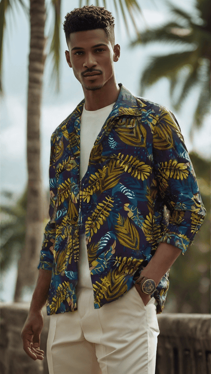 Chemise Homme à Imprimé Tropical – Élégance Colorée avec Motifs Feuilles et Fleurs