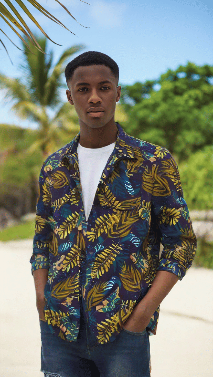 chemise homme à imprimé tropical – élégance colorée avec motifs feuilles et fleurs