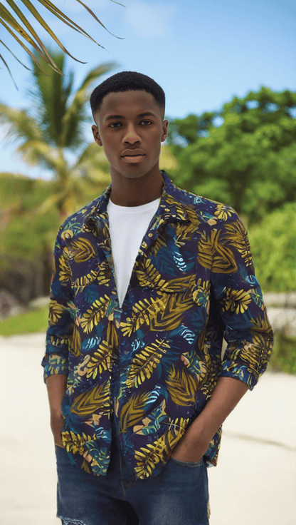 Chemise Homme à Imprimé Tropical – Élégance Colorée avec Motifs Feuilles et Fleurs