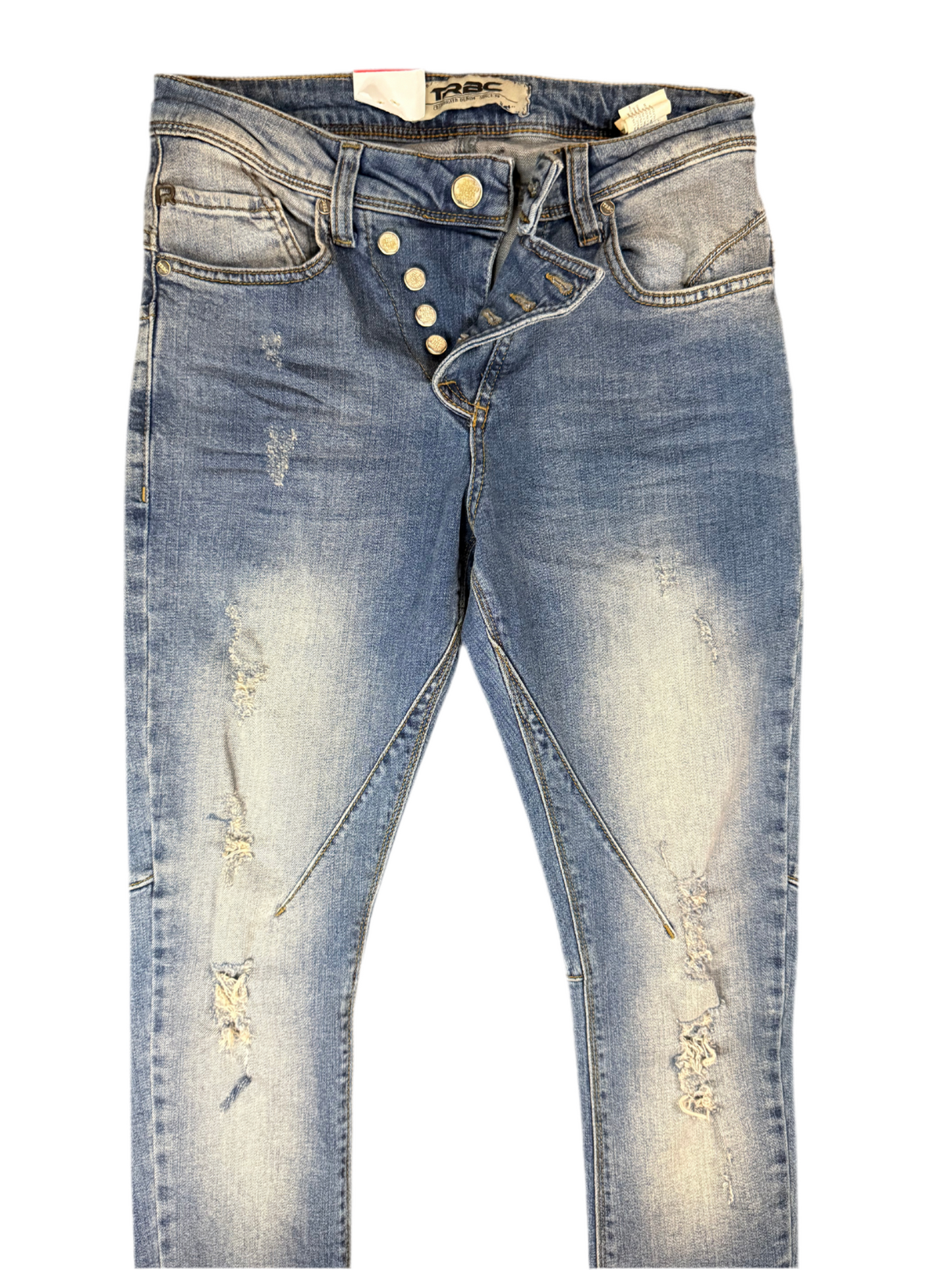 jean slim bleu clair effet délavé avec détails destroy et fermeture tendance boutons | style moderne et casual.