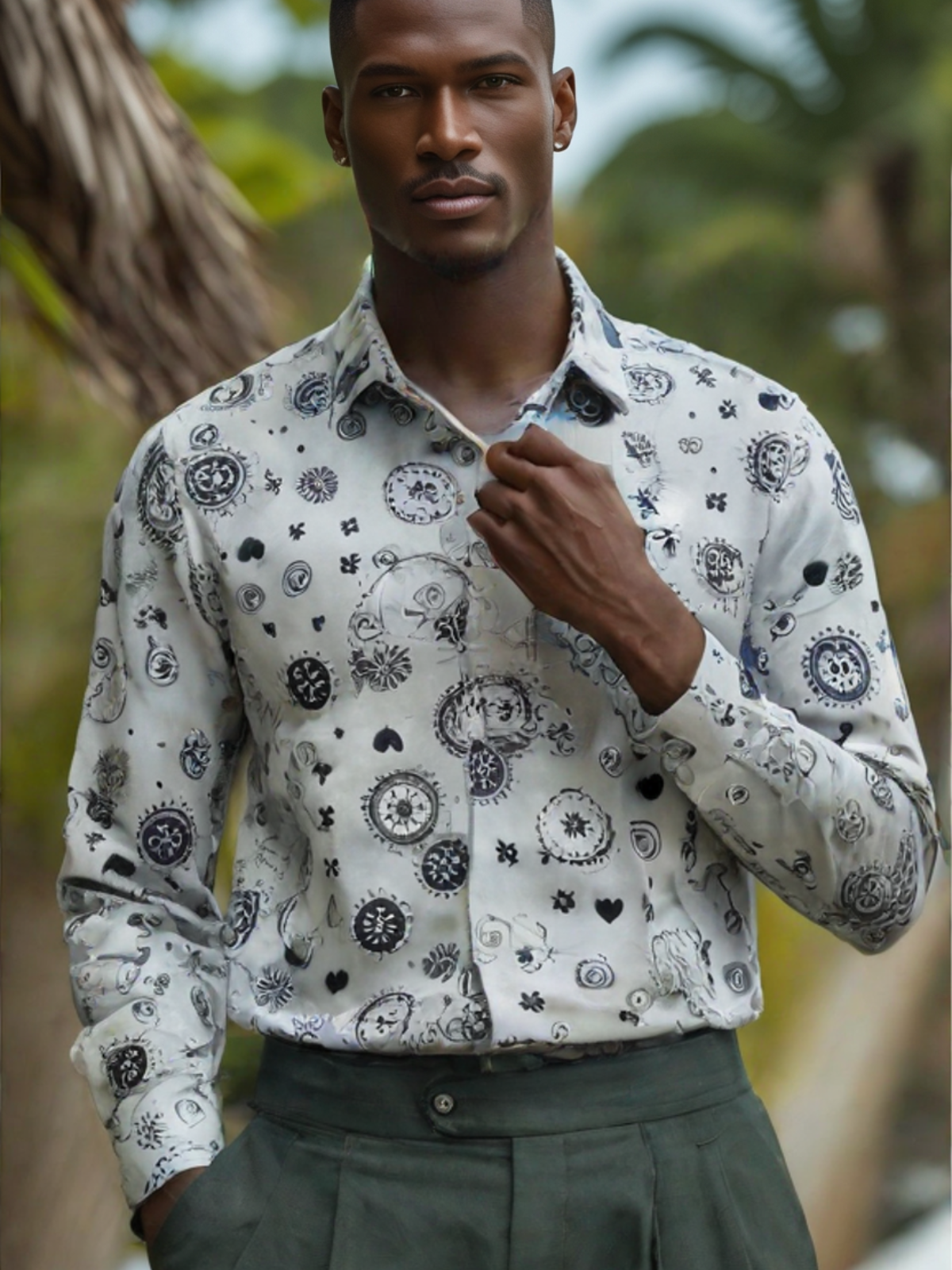 chemise homme à imprimé ludique noir et blanc – design original avec motifs de crâne et fleurs