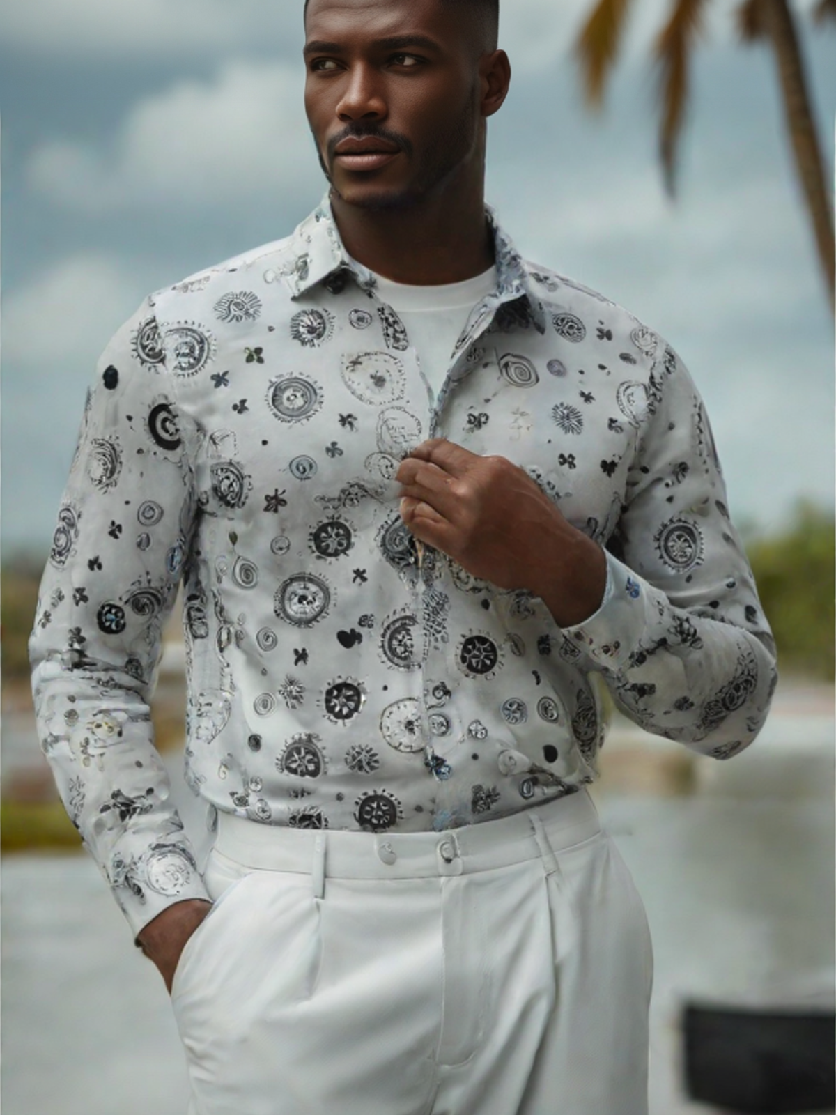 chemise homme à imprimé ludique noir et blanc – design original avec motifs de crâne et fleurs