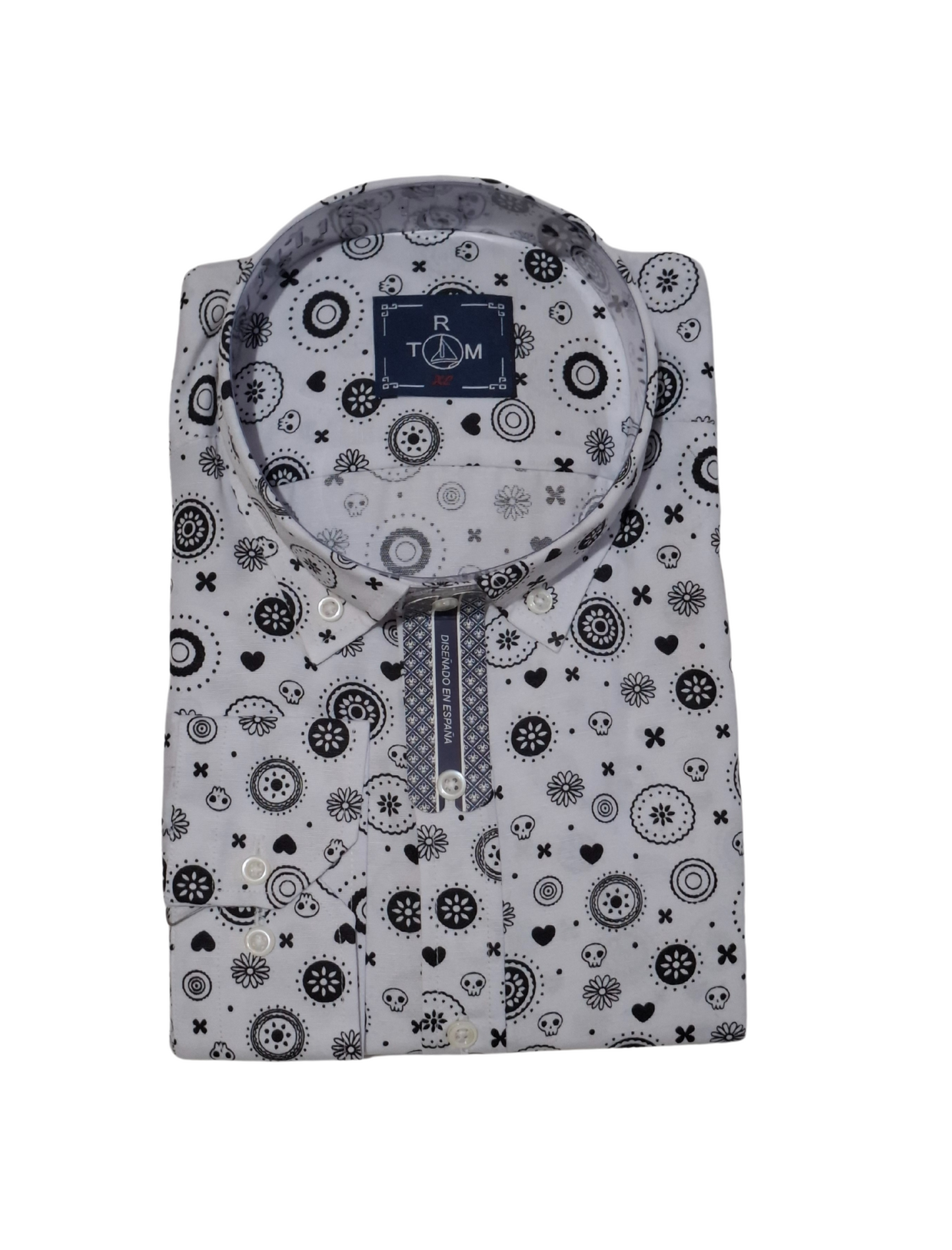 chemise homme à imprimé ludique noir et blanc – design original avec motifs de crâne et fleurs