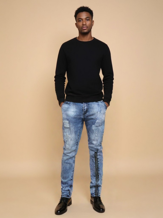 Jean Homme Déchiré avec Fermeture Éclair – Style Détendu avec Détails Tendance