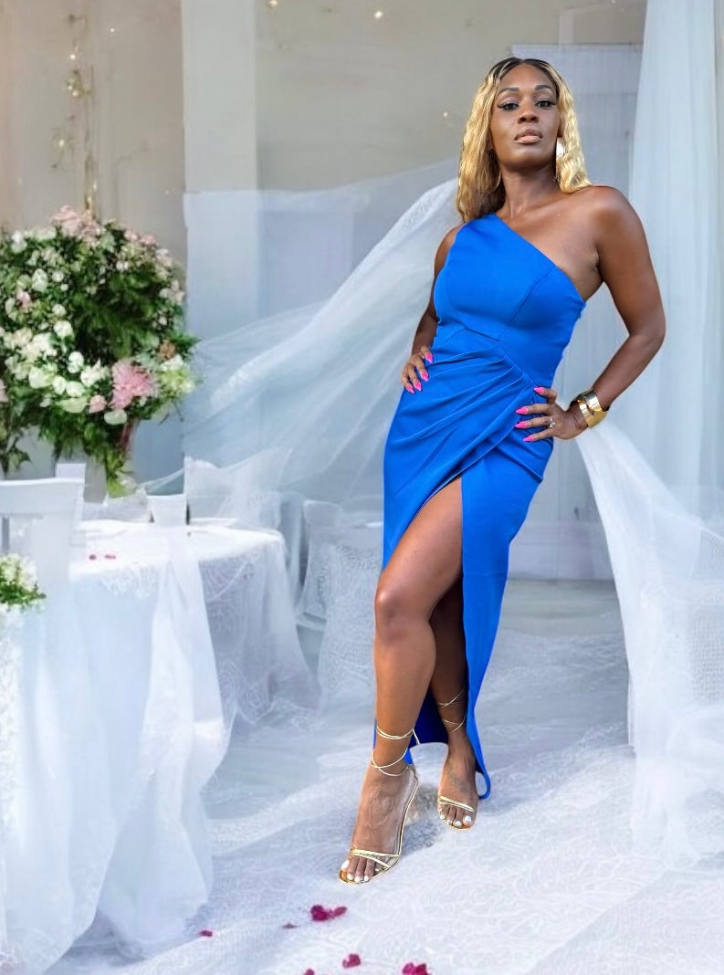 robe one shoulder bleue